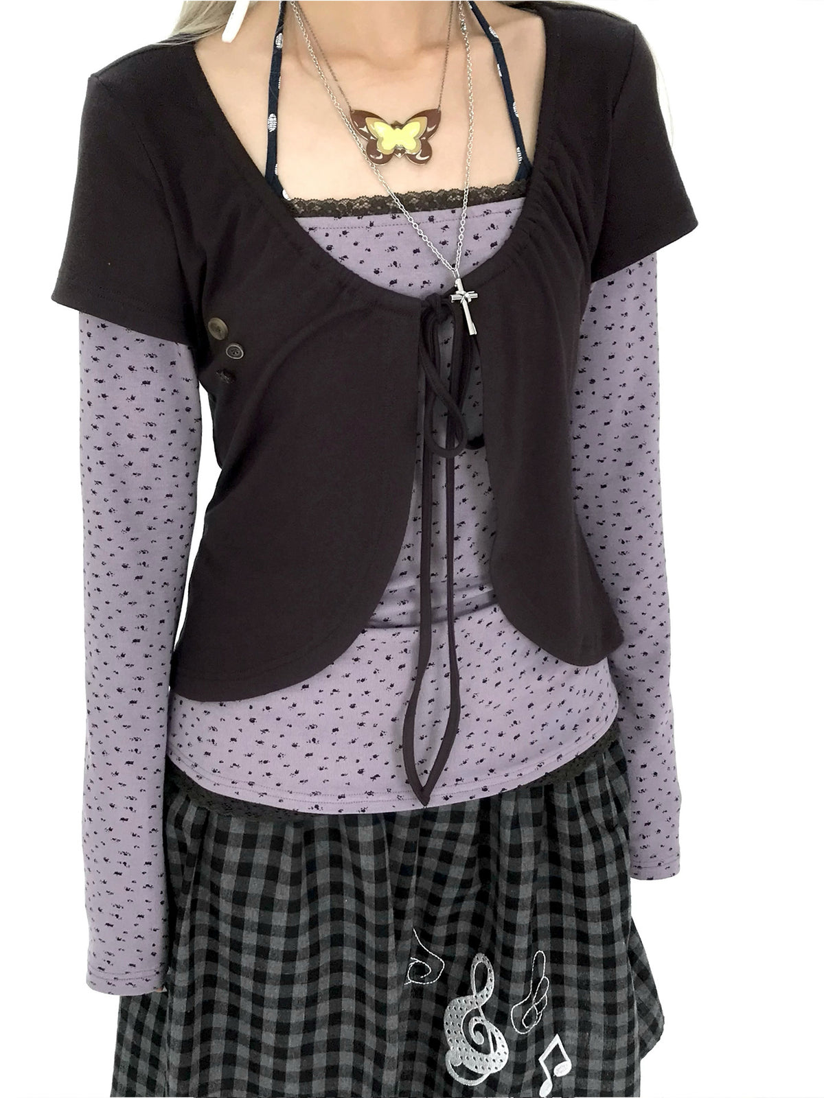 Striped Polka Dot Faux-Layered Button Long Sleeve Top