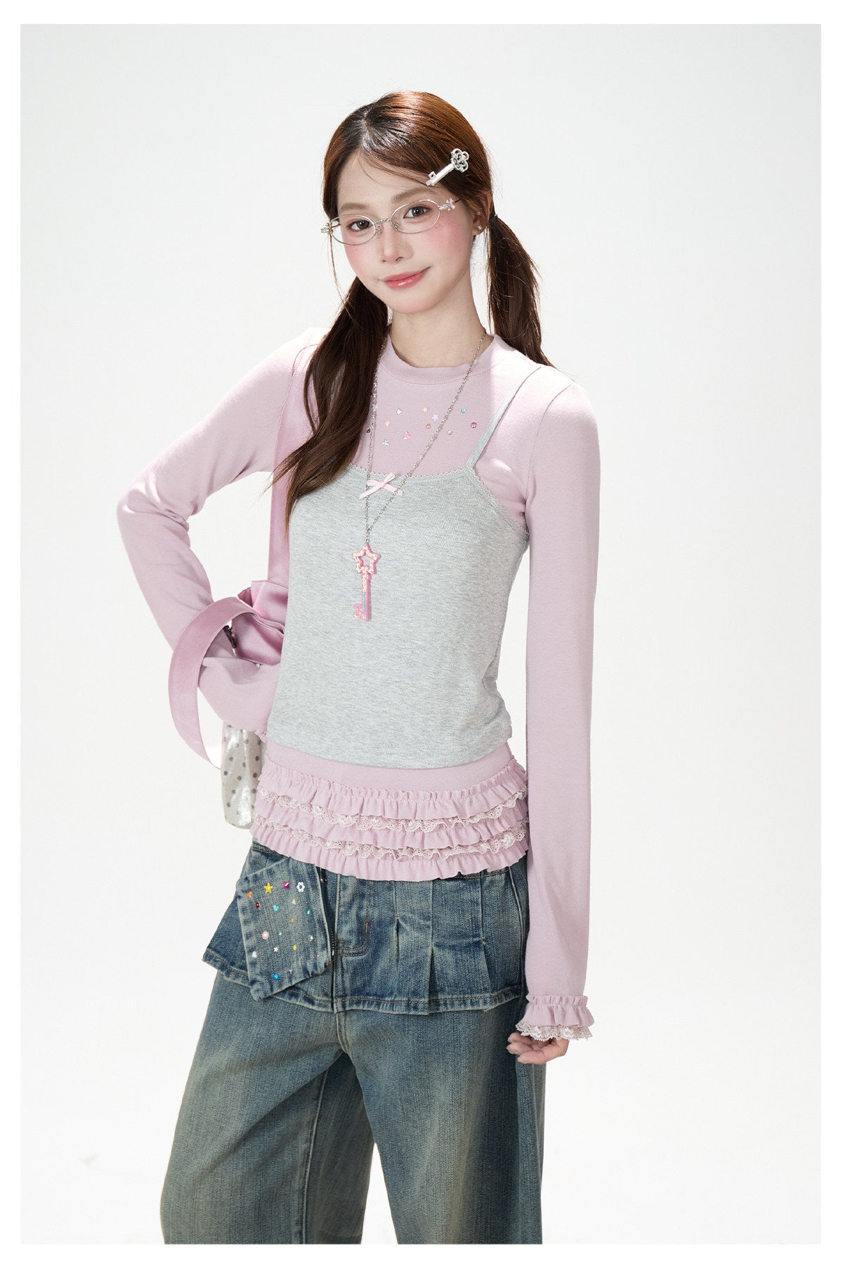 Gray-Pink Faux-Layered Lace Ruffle Long Sleeve Top