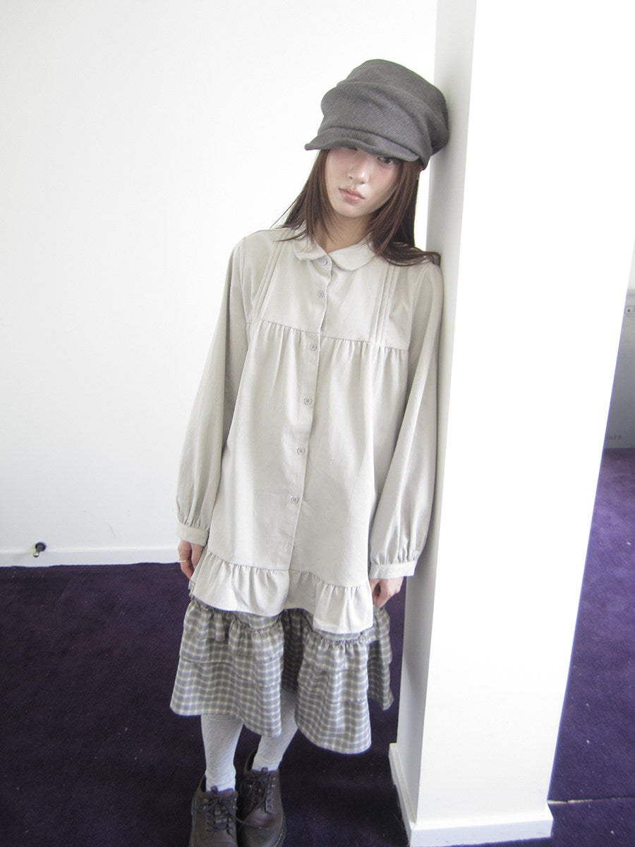 Pleated Ruffle Hem Button-Up Long Sleeve Blouse