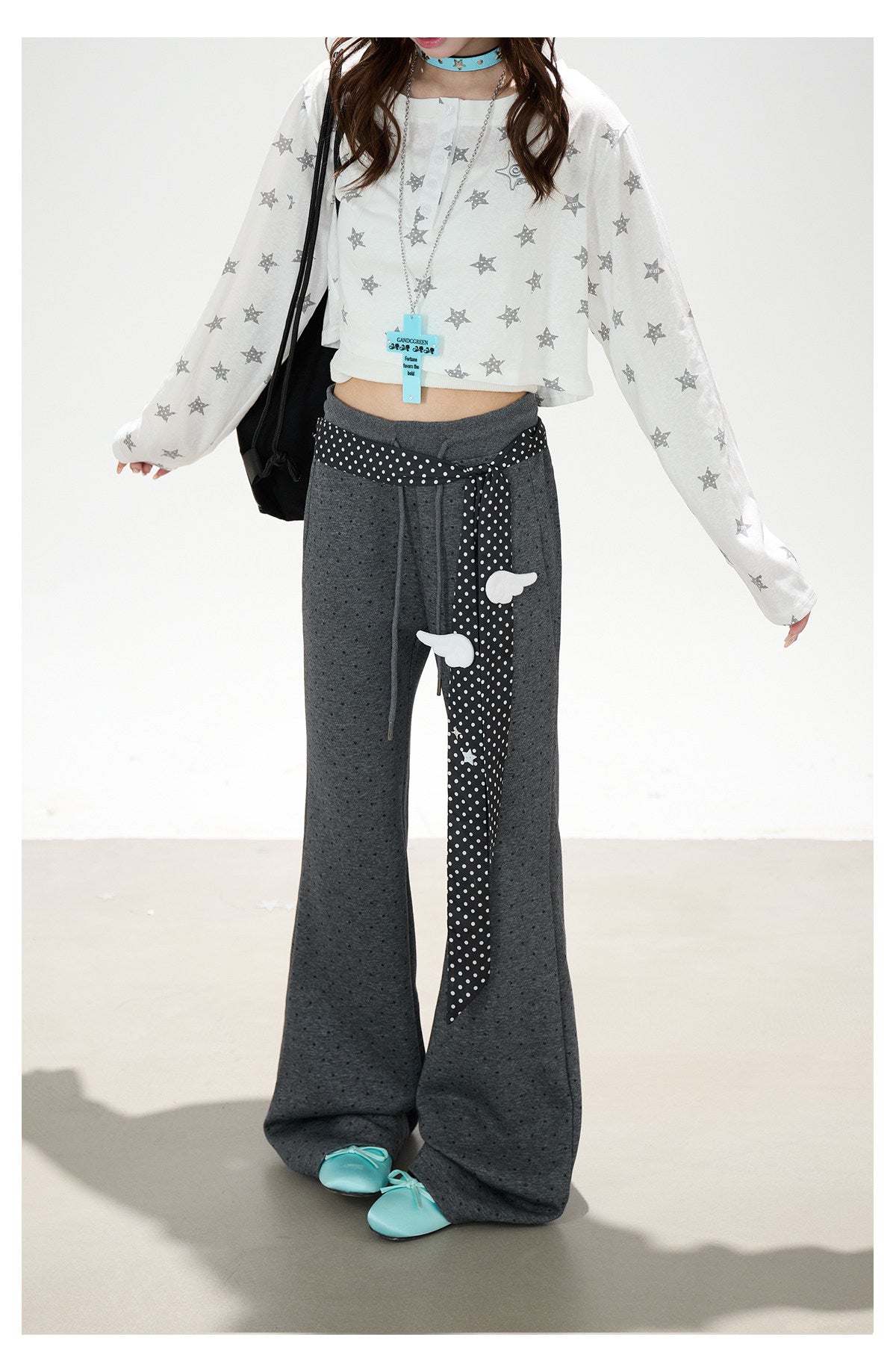 Allover Star Cropped Long Sleeve Top & Dark Heather Gray Wide Leg Pants
