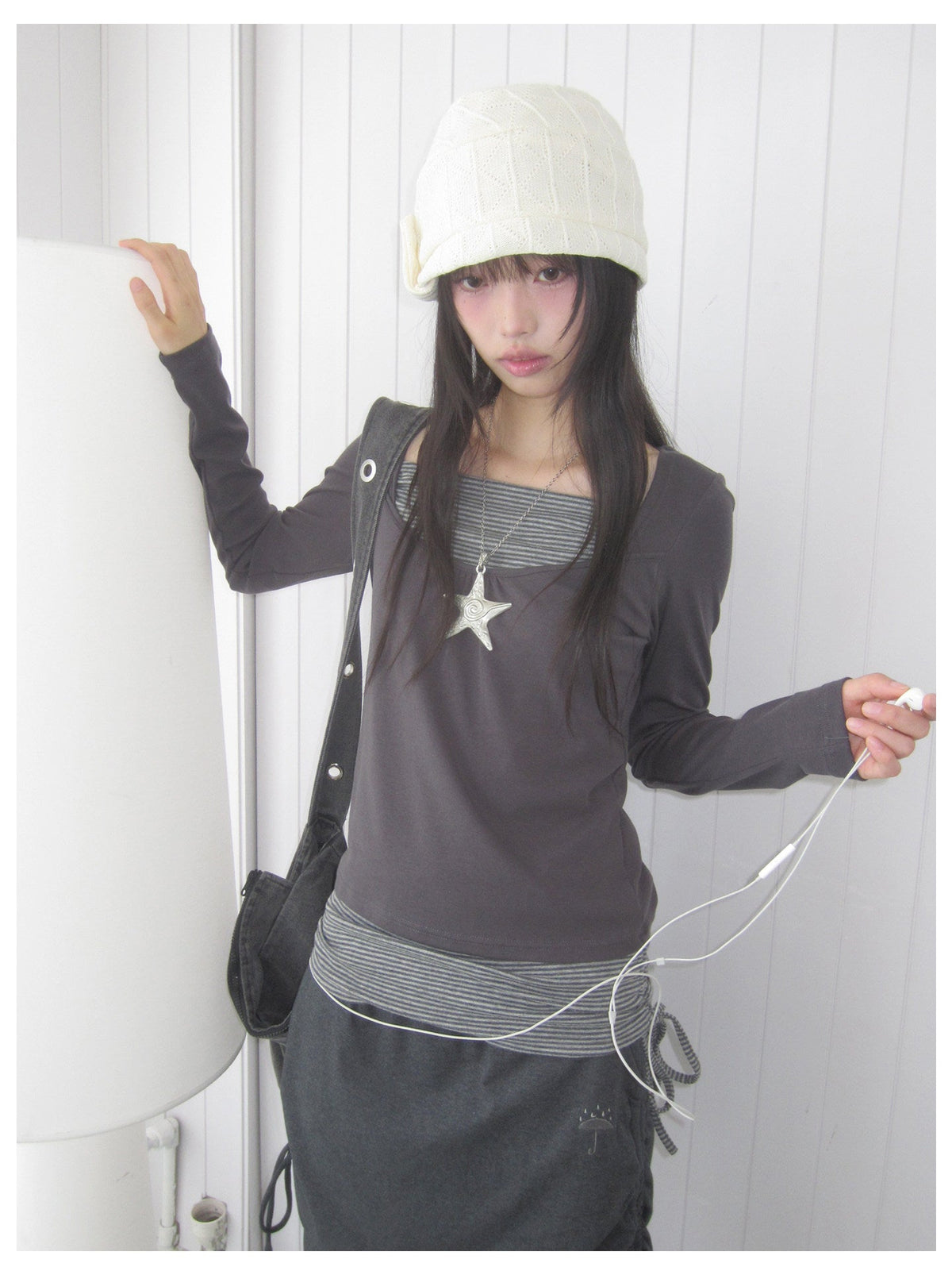 Striped Square-Neck Faux-Layer Drawstring Long Sleeve Top