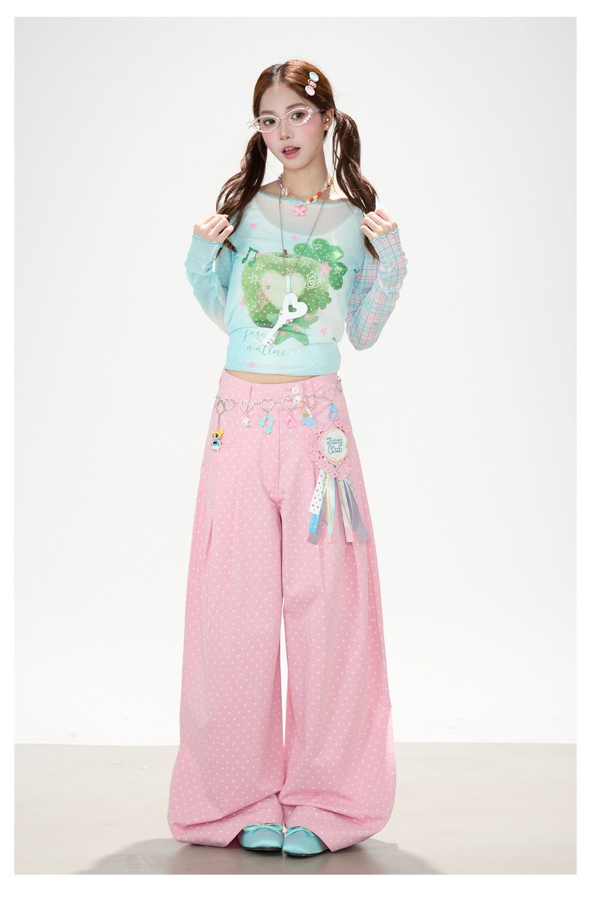 Apple Plaid Mesh Long Sleeve Top & Pink Polka Dot Wide Leg Pants