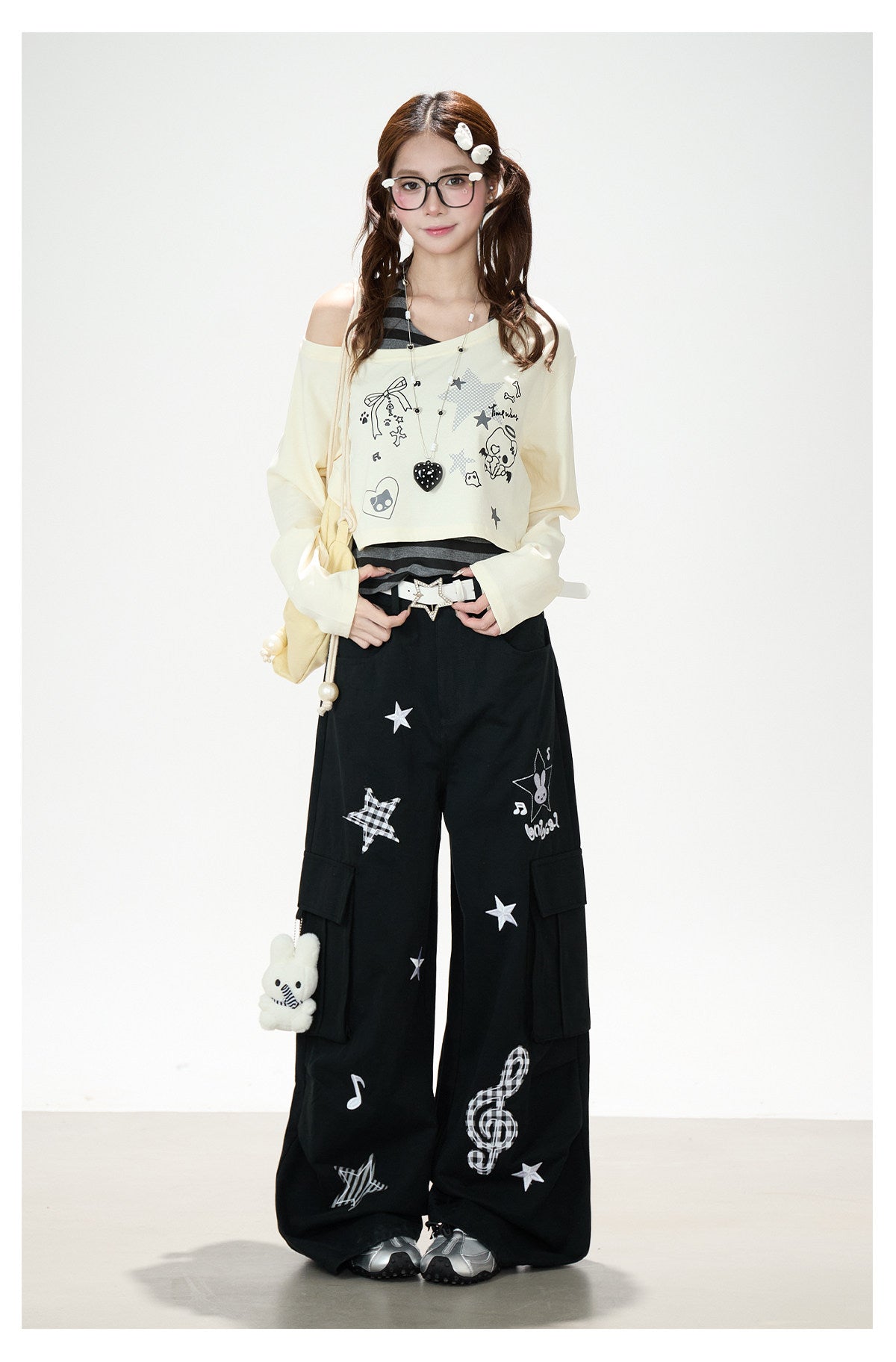 Cartoon Patch Embroidered Wide-Leg Cargo Pants