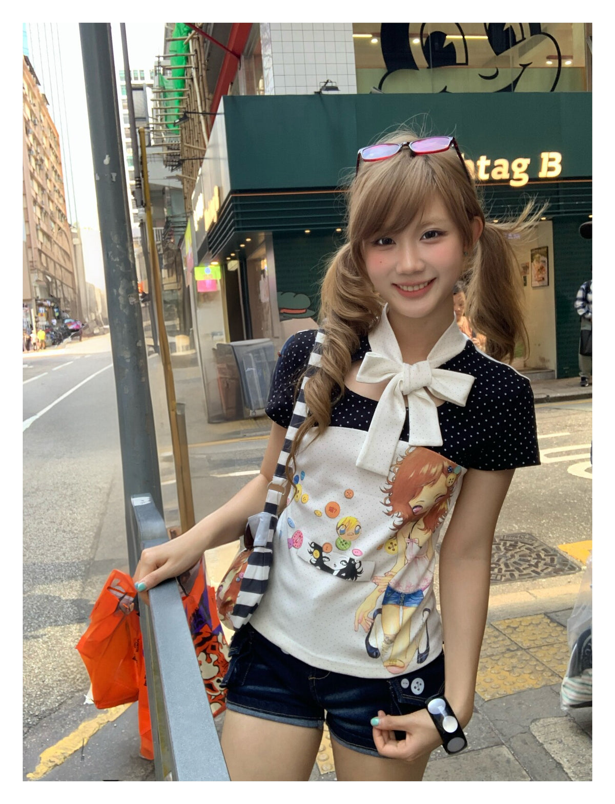Polka Dot Bow-Tie Graphic Fitted Tee
