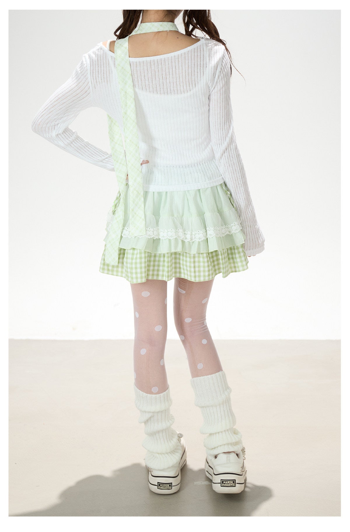 Mint Gingham Layered Knit Long Sleeve Top & Cherry Ruffle Mini Skirt