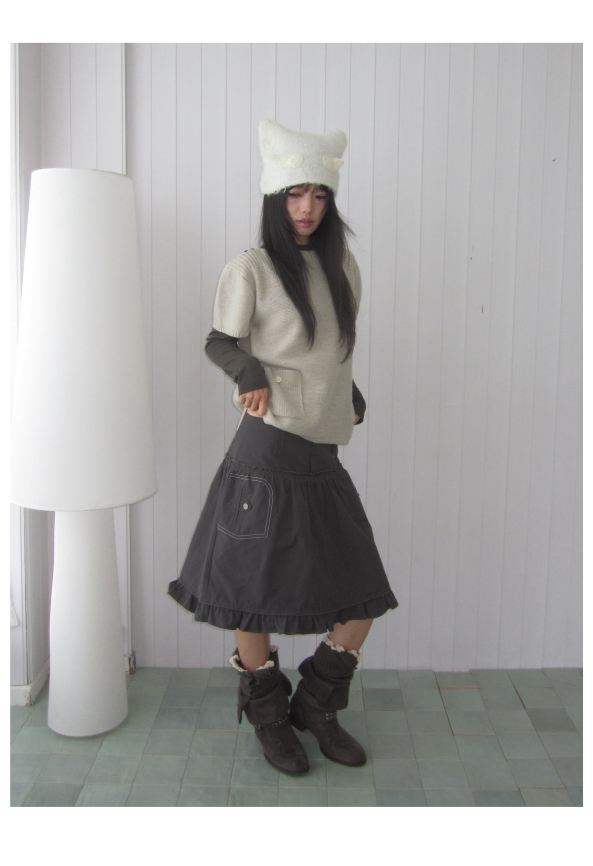 Contrast-Stitch Ruffle-Hem Utility Mini Skirt