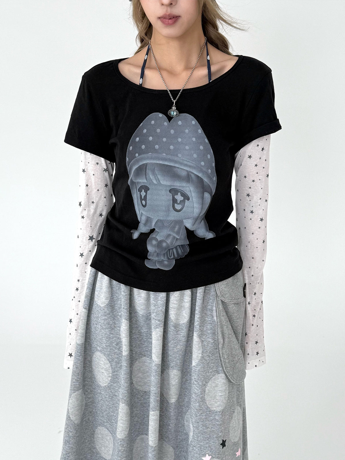 Mushroom Girl Star Faux-Layered Long Sleeve Tee