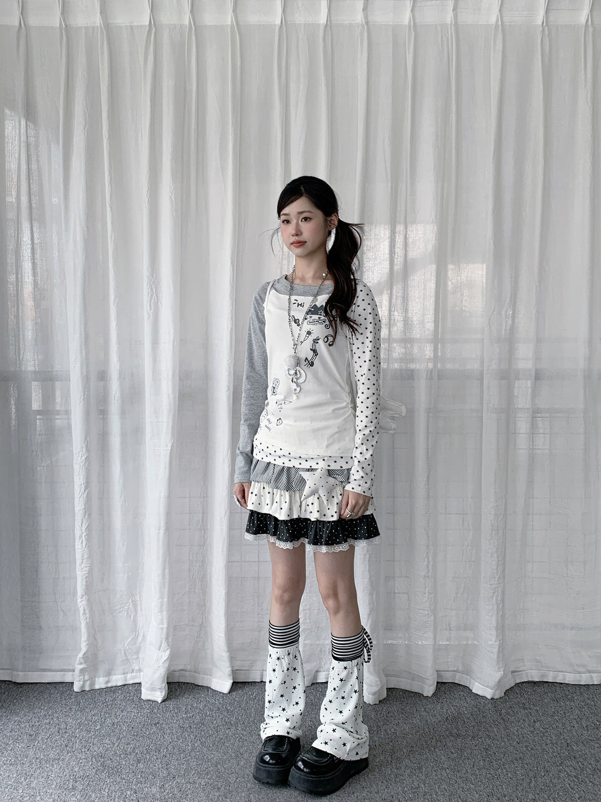 Star Graphic Asymmetric Layered Long Sleeve Top