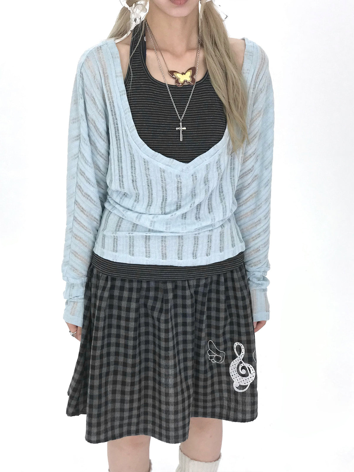 Icy Blue Striped Halter-Layered Long Sleeve Top