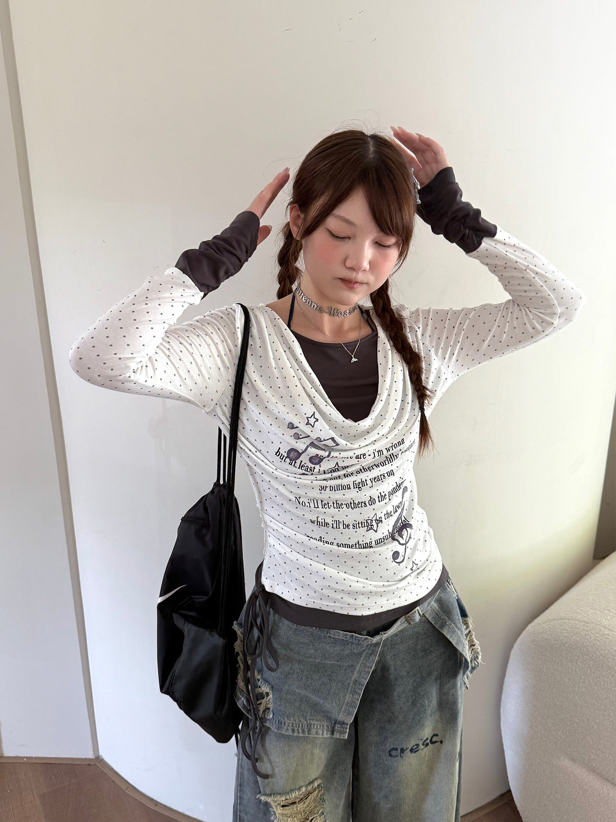 Polka Dot Cowl Neck Faux-Layer Graphic Long Sleeve Top