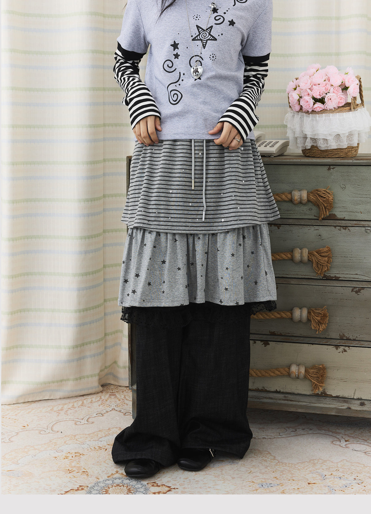 Star Stripe Layered Skirt Wide-Leg Pants