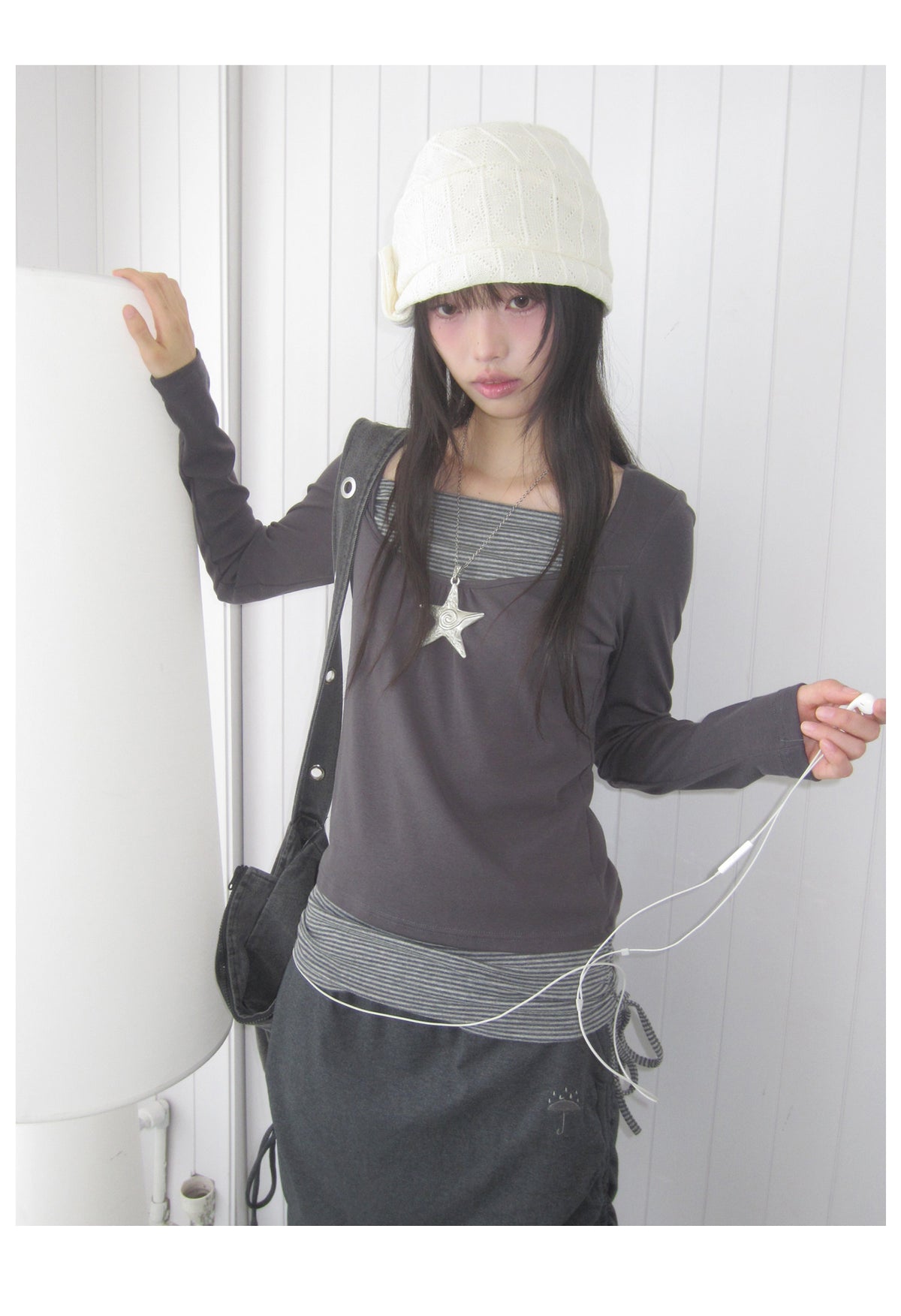 Striped Square-Neck Faux-Layer Drawstring Long Sleeve Top