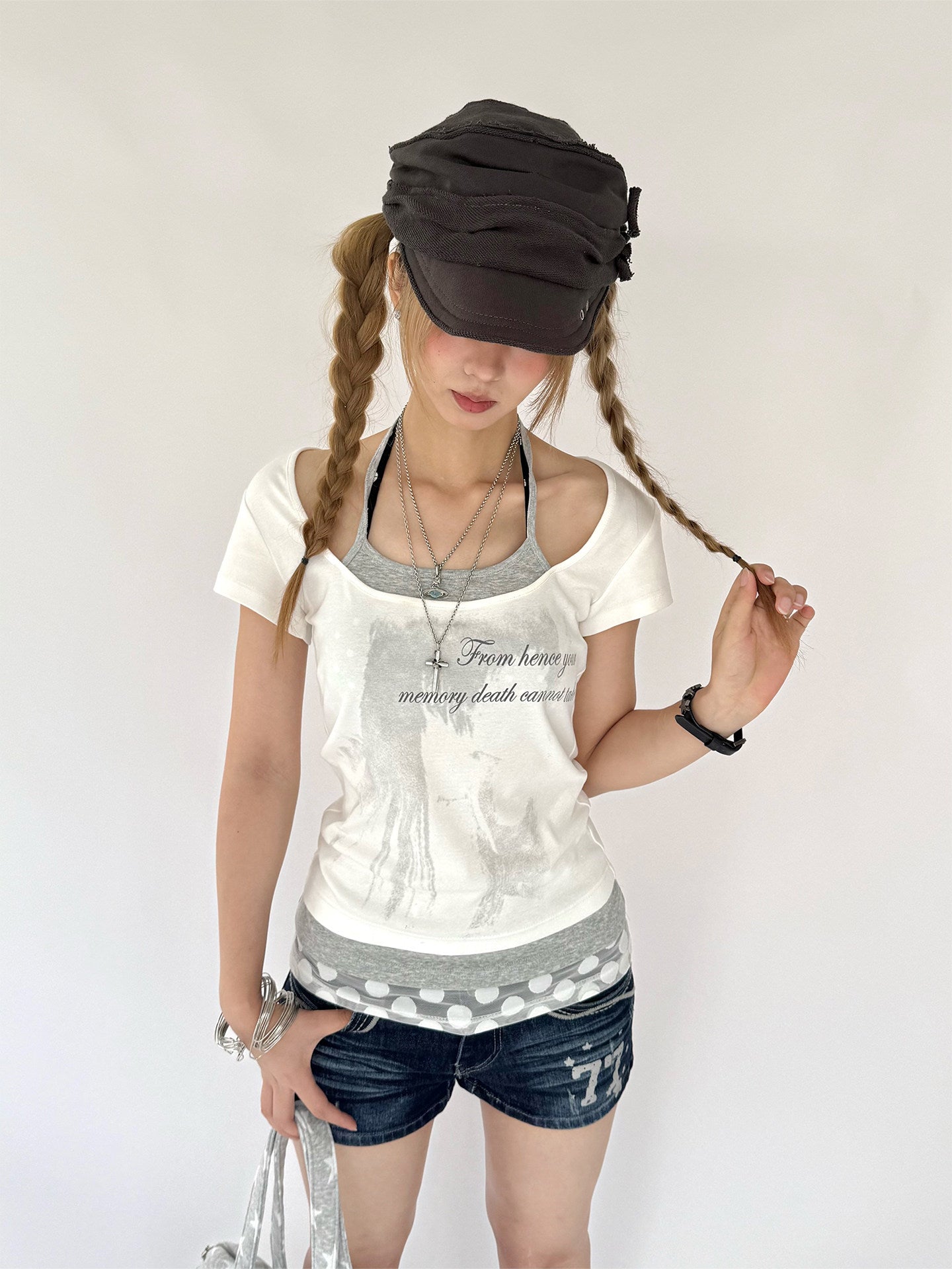 White Gardenia Faux-Layer Halter Graphic Tee