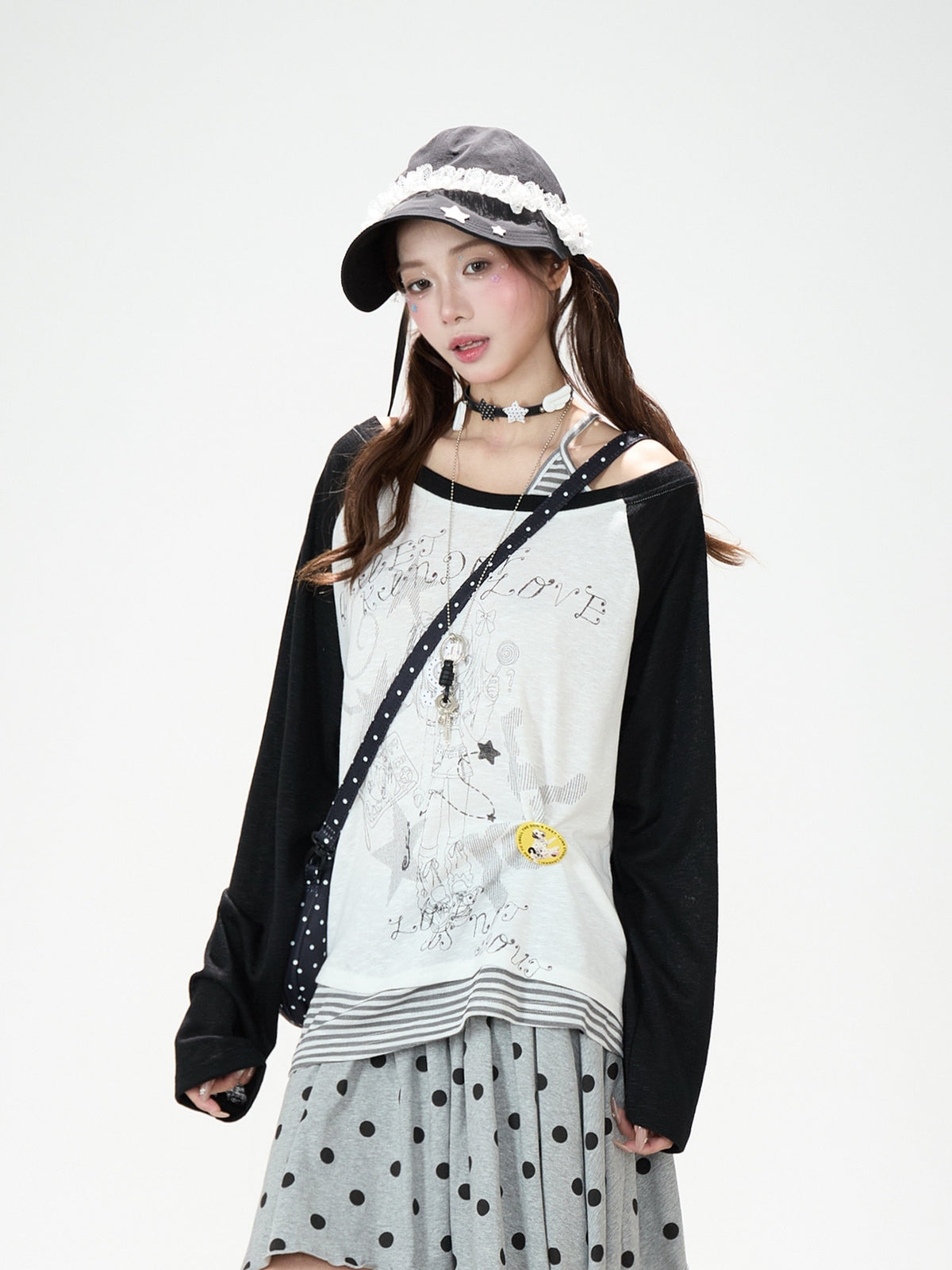 Faux Layered Off-Shoulder Graphic Long Sleeve Top
