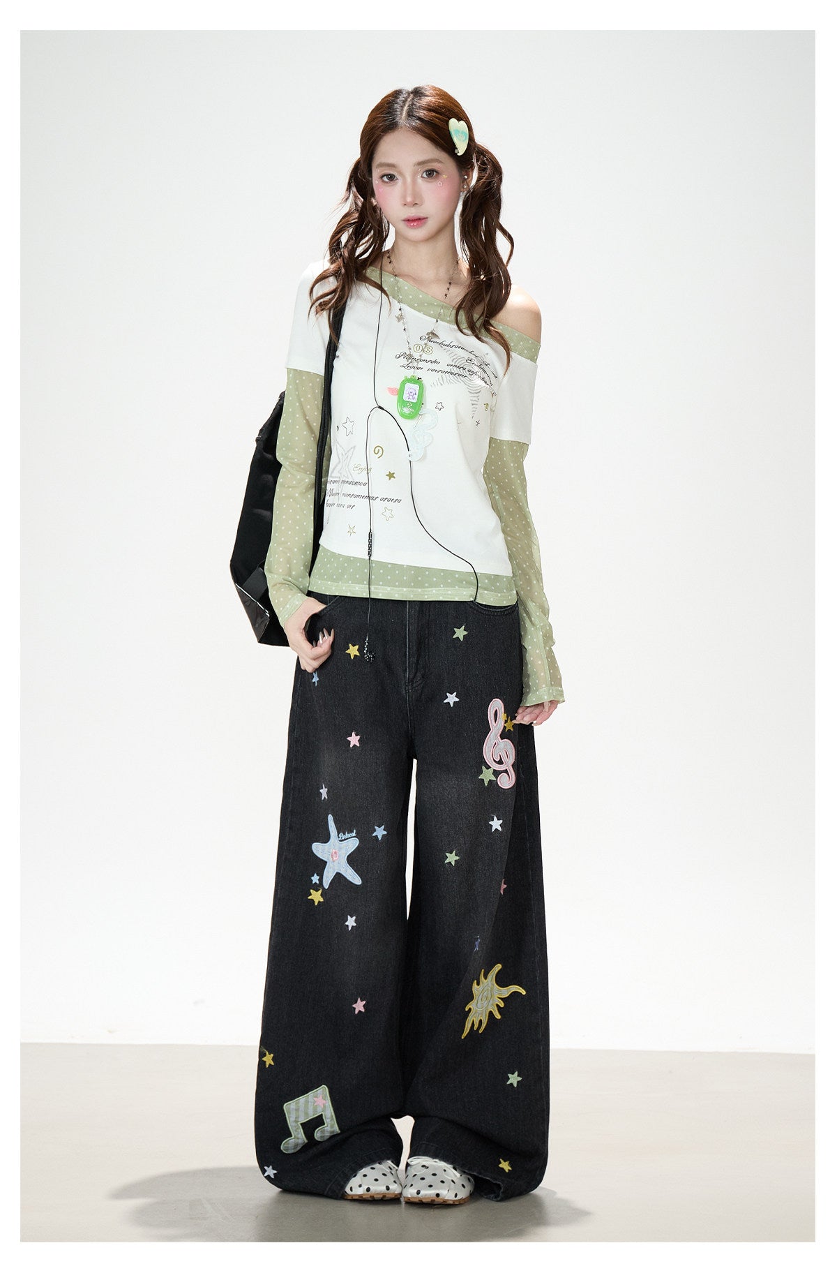 Music Note & Star Embroidered Washed Wide-Leg Jeans