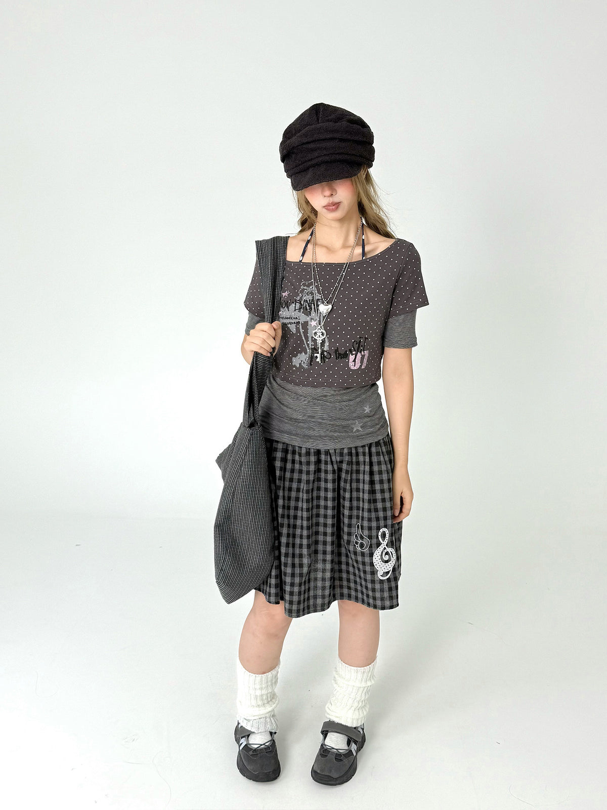 Pastel Anime Plaid Long Sleeve Top & Camo Lace-Trim Midi Skirt