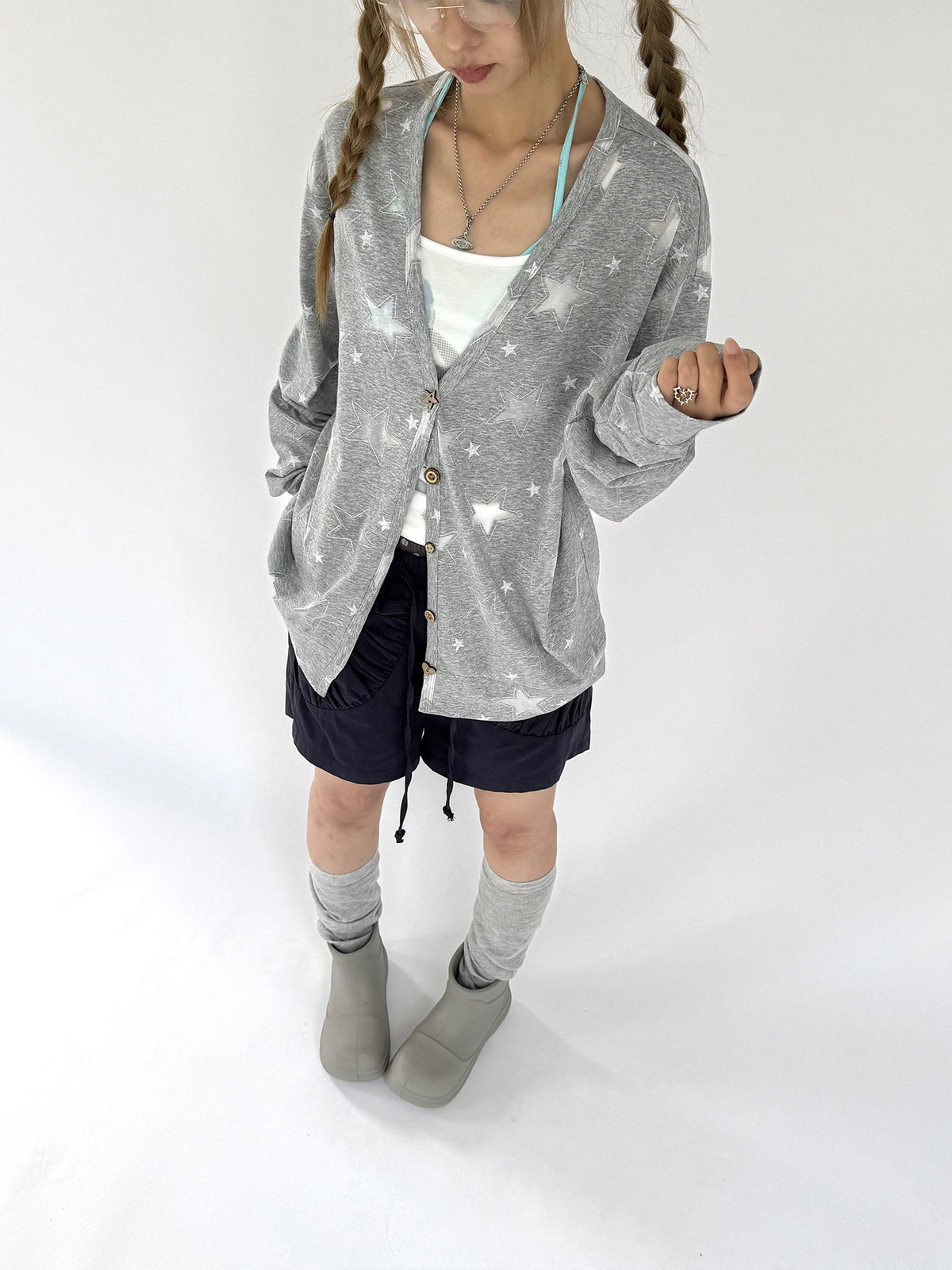Star Print Lightweight V-Neck Cardigan