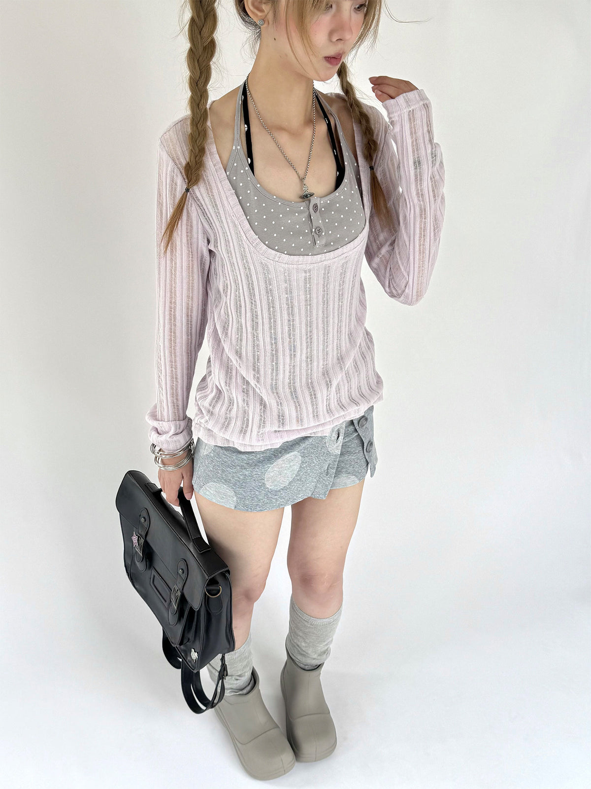 Wisteria Halter-Layered Sheer Long Sleeve Top