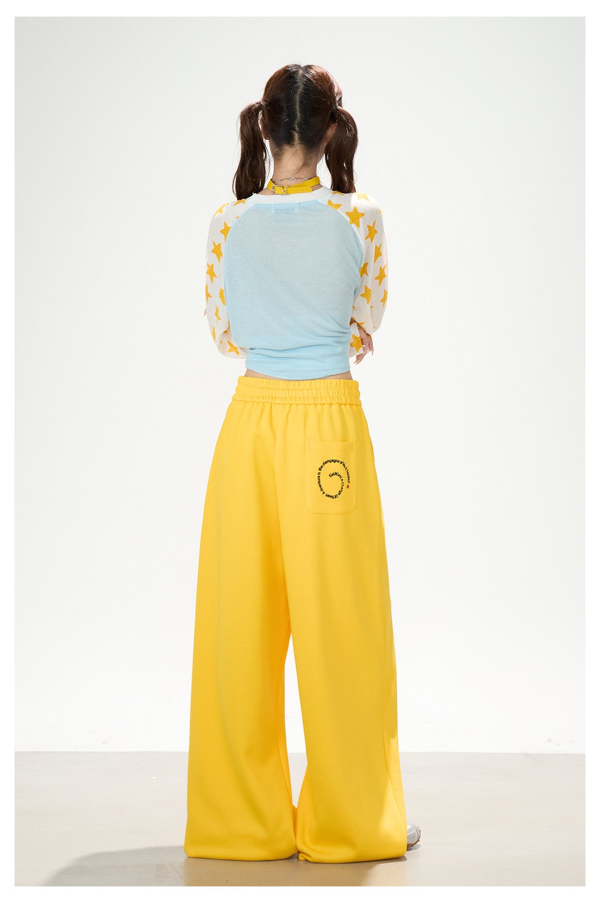 Star Graphic Contrast Raglan Long Sleeve Top & Yellow Wide-Leg Pants