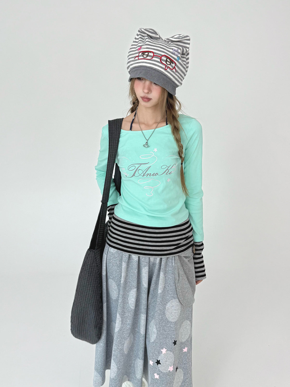 Mint Star Script Faux-Layered Long Sleeve Top