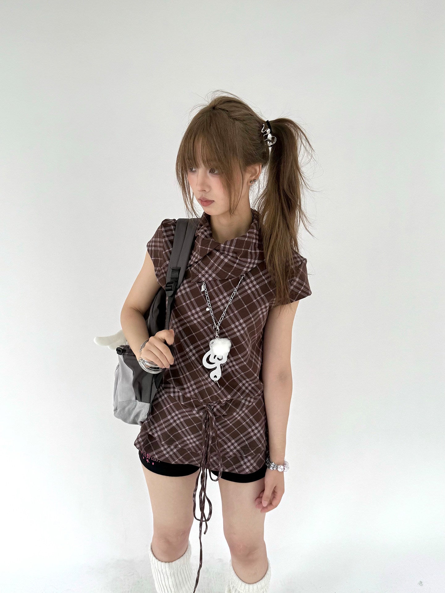 Brown Plaid Drawstring Ruffle-Collar Tunic Top
