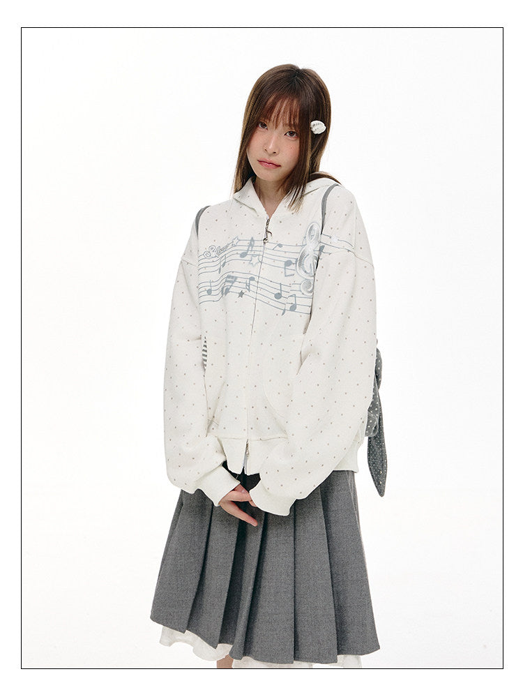 Gray Melody Polka Dot Graphic Zip Hoodie
