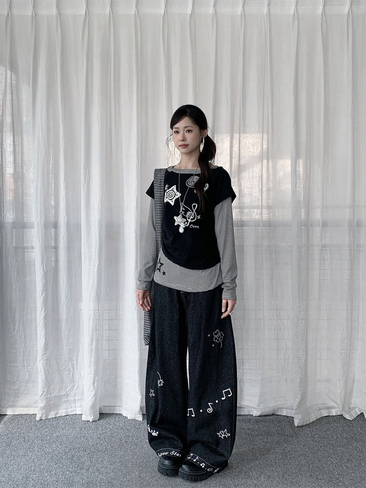 Star Music Note Wide-Leg Denim Jeans