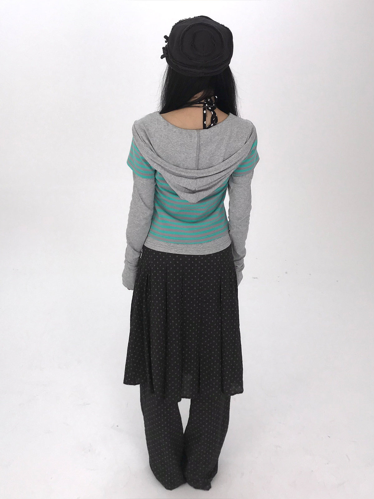 Striped Faux-Layered Hooded Long Sleeve Top
