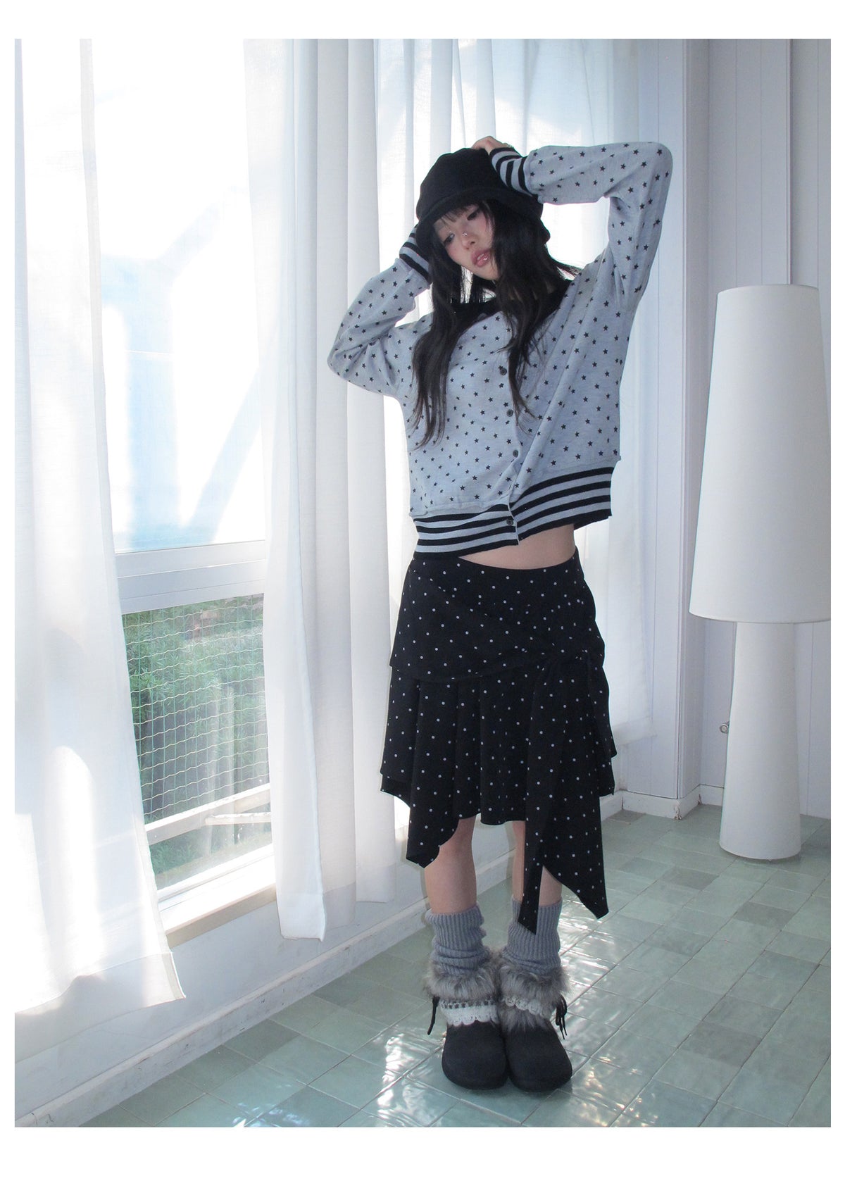 Star Print Contrast-Trim Knit Cardigan