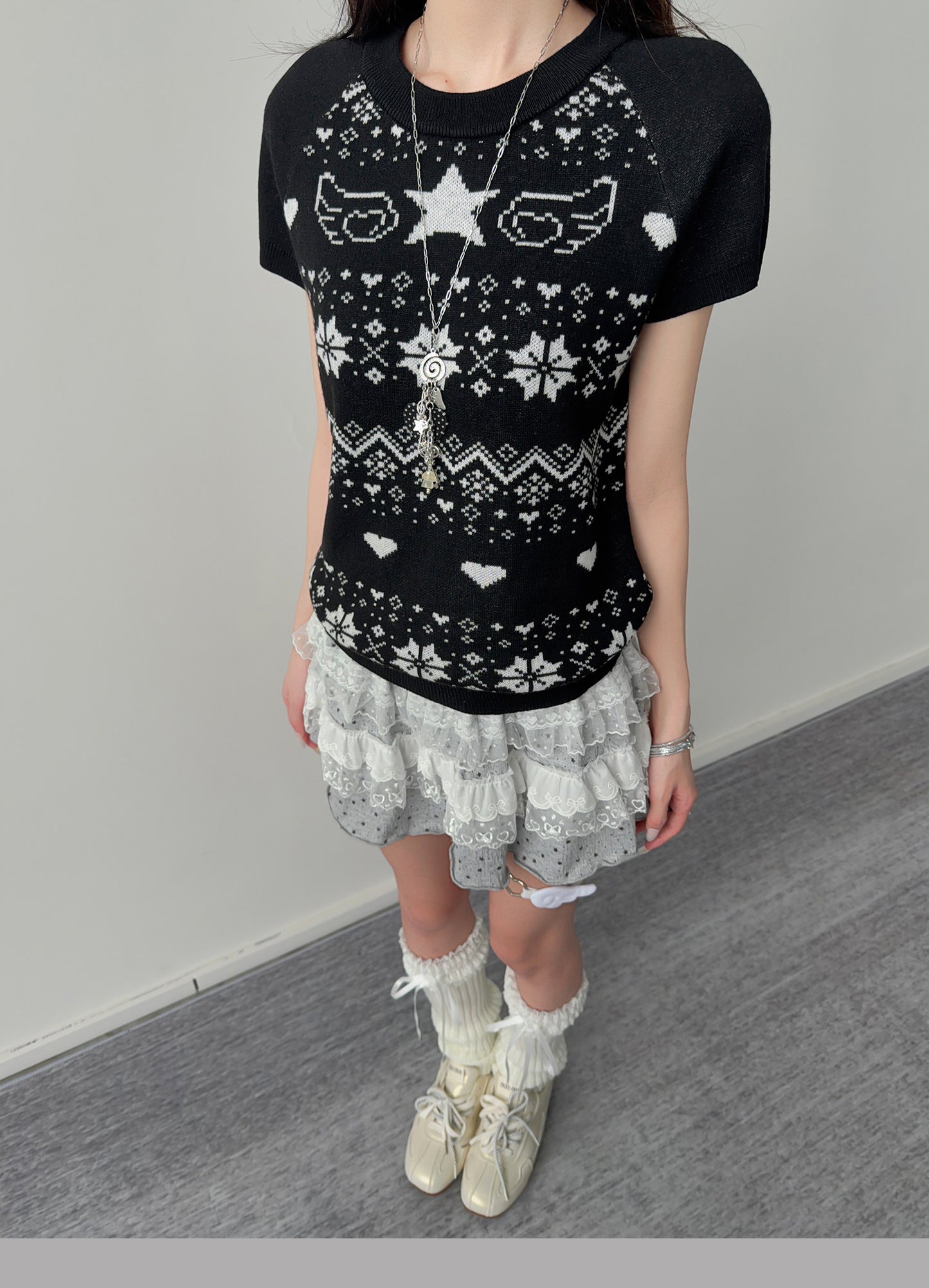 Star Wing Fair Isle Short-Sleeve Knit Top