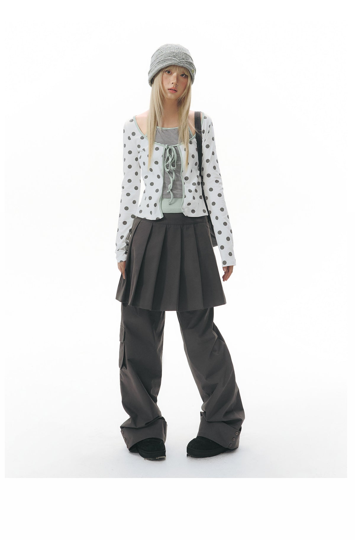 Pleated Skirt-Overlay Cargo Wide-Leg Pants