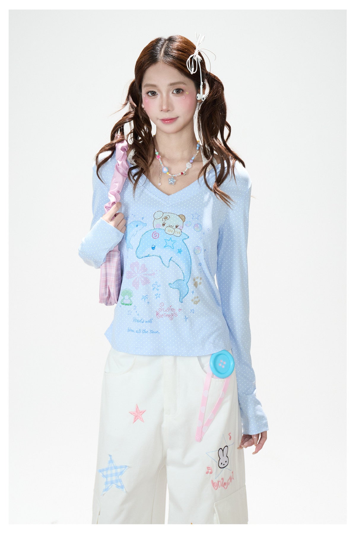 Dreamy Dolphin Polka-Dot V-Neck Long Sleeve Top & Gingham Ruffle Mini Skirt