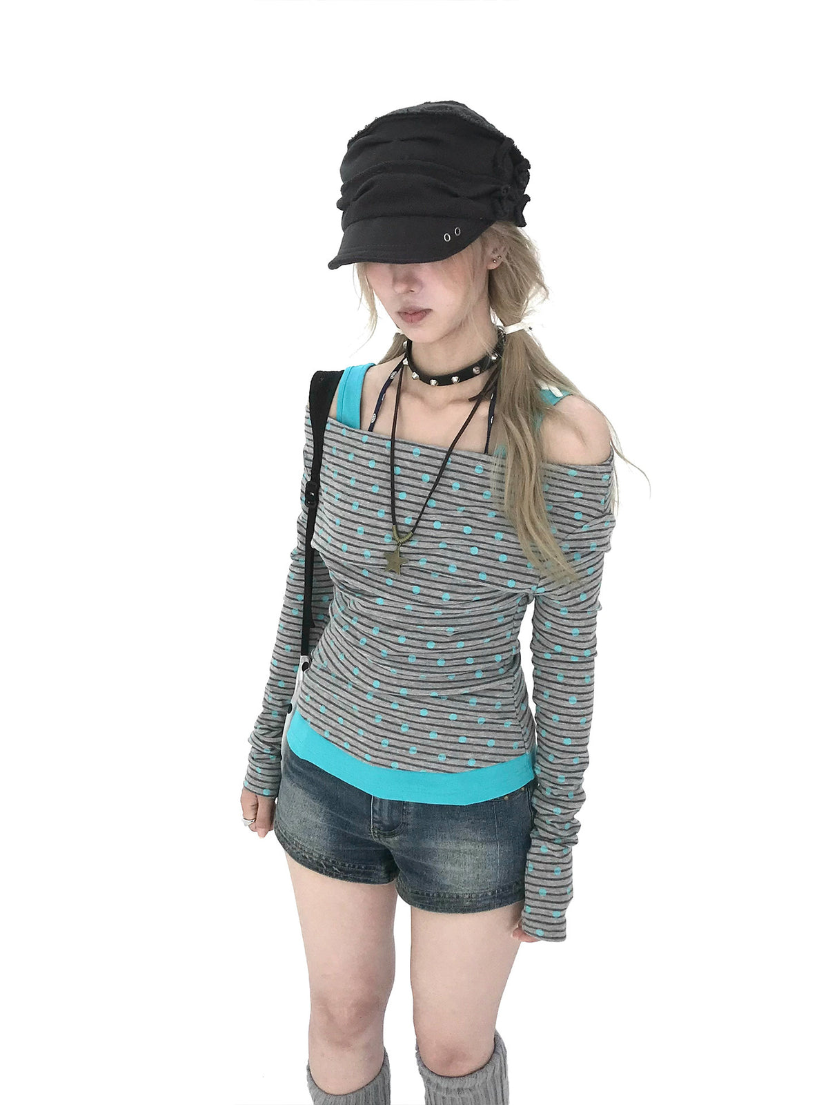 Polka Dot Asymmetric Layered Long Sleeve Top