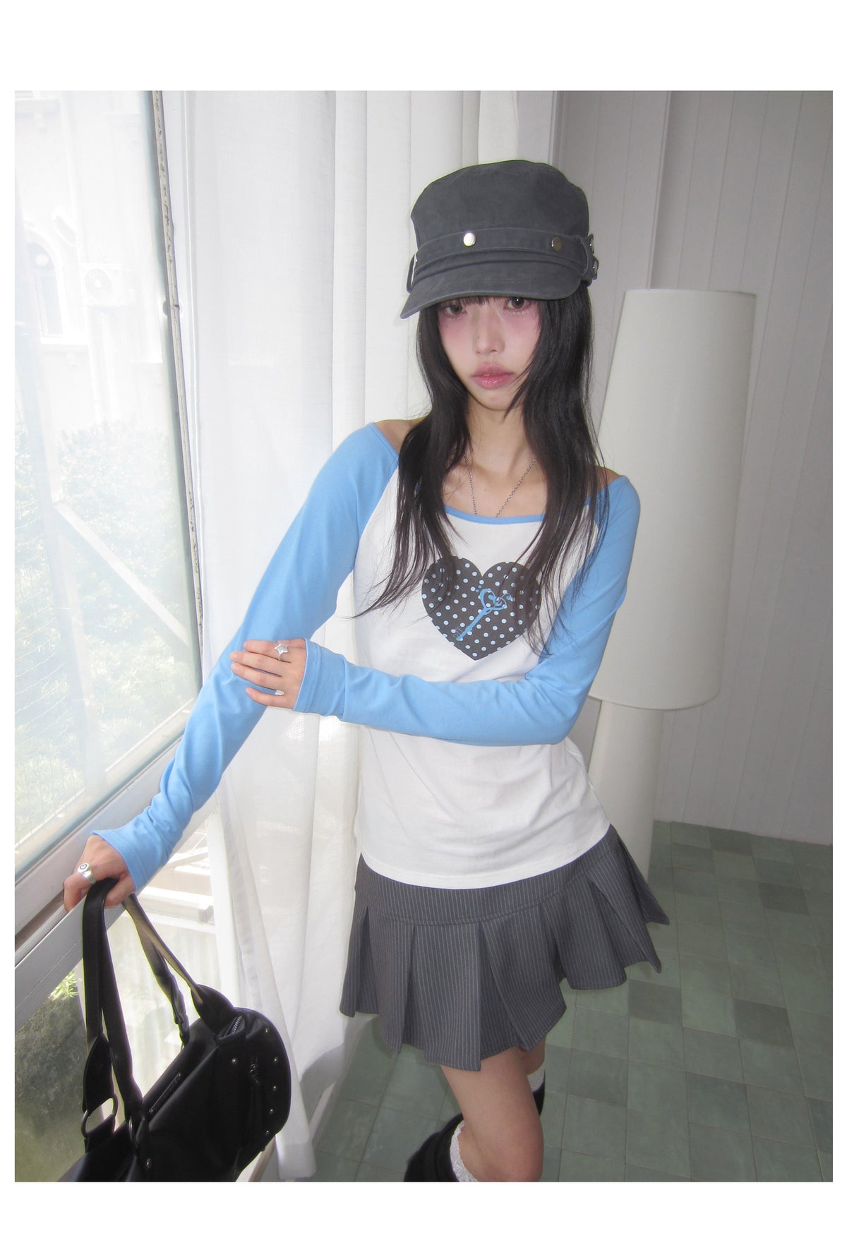 Polka Dot Heart Key Contrast Raglan Long Sleeve Tee