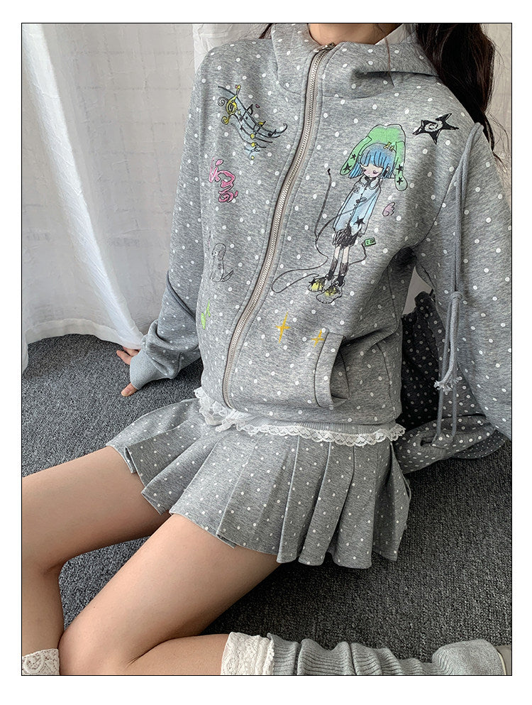 Polka Dot Devil-Horn Cartoon Girl Zip Hoodie