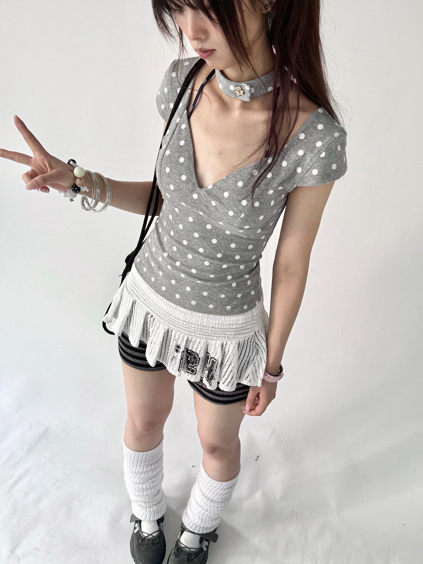 Mechanical Bear Polka Dot V-Neck Fitted Tee with Choker