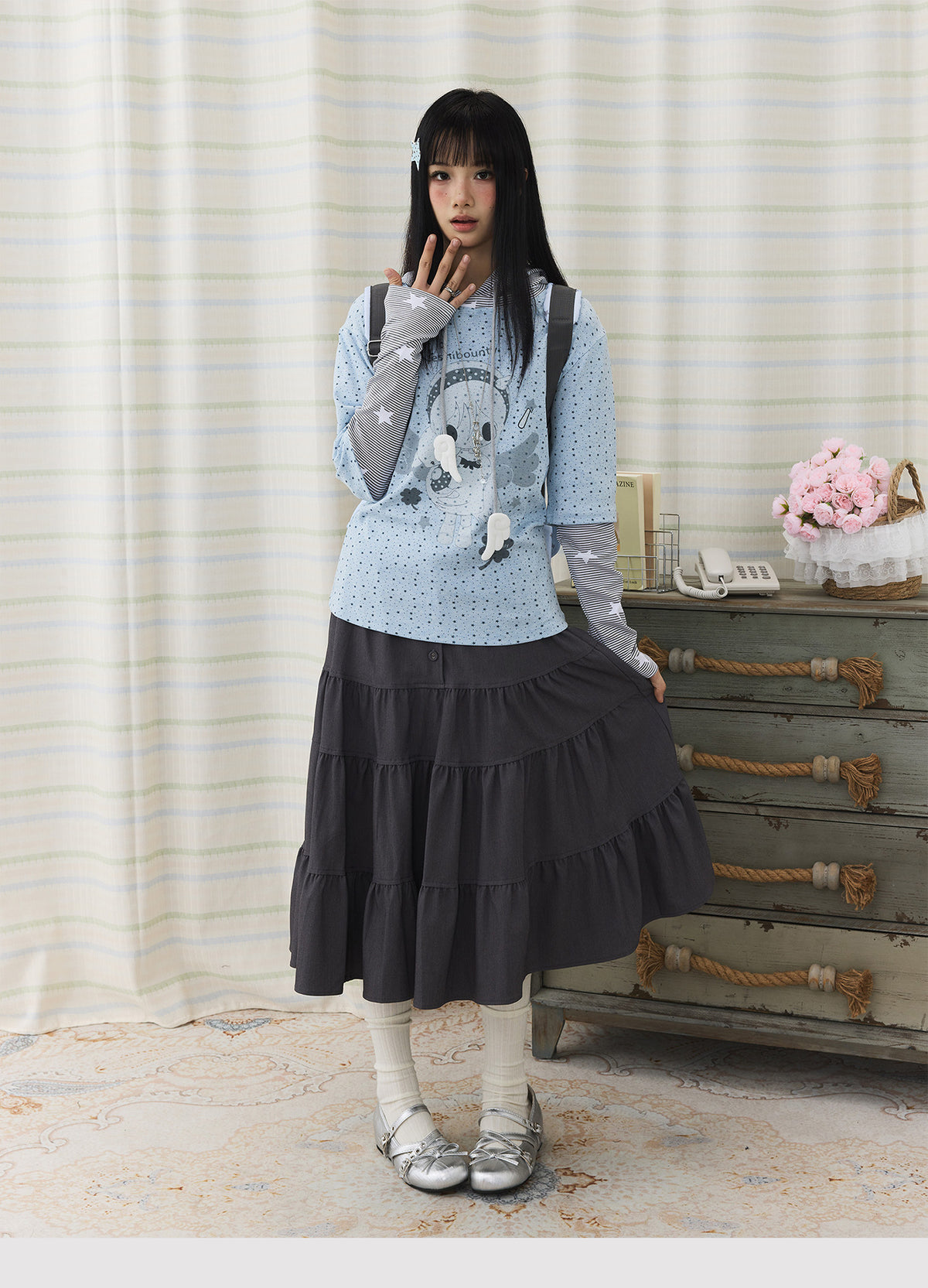 Cartoon Star Print Faux-Layer Hooded Top