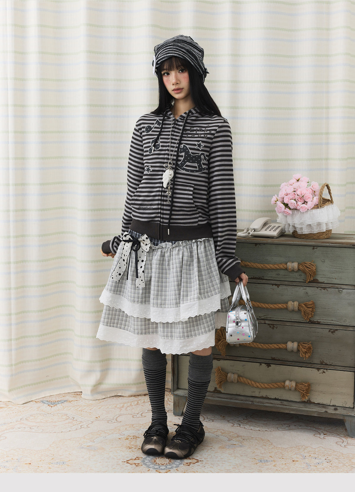 Striped Rocking Horse Embroidered Zip-Up Hoodie