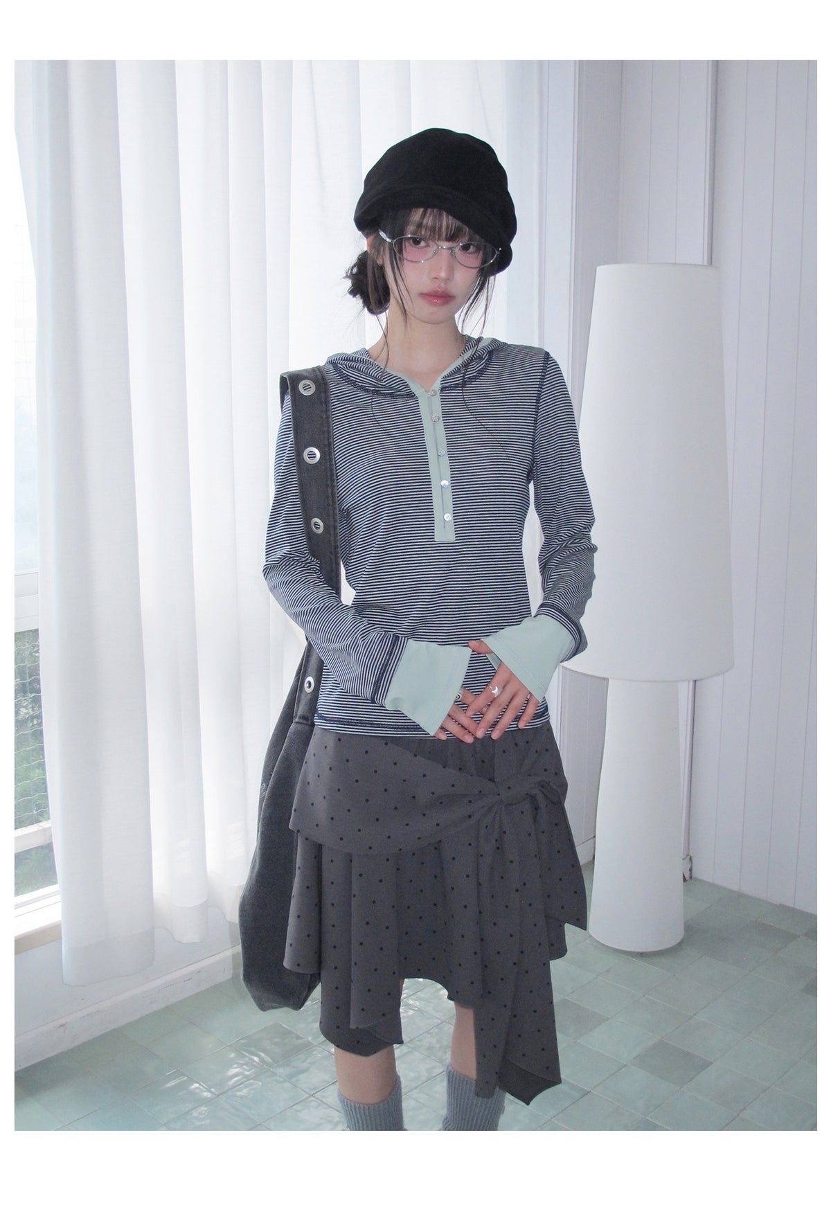 Blue-Gray Stripe Contrast Hooded Long Sleeve Top
