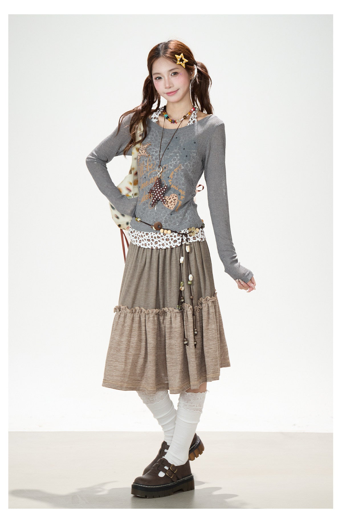 Leopard Layered Halter Long Sleeve Top & Pink Tiered Ruffle Mini Skirt