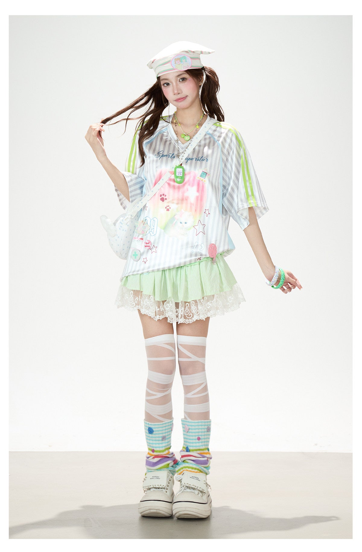 Striped Kitty Graphic V-Neck Tee & Layered Gingham Ruffle Skirt