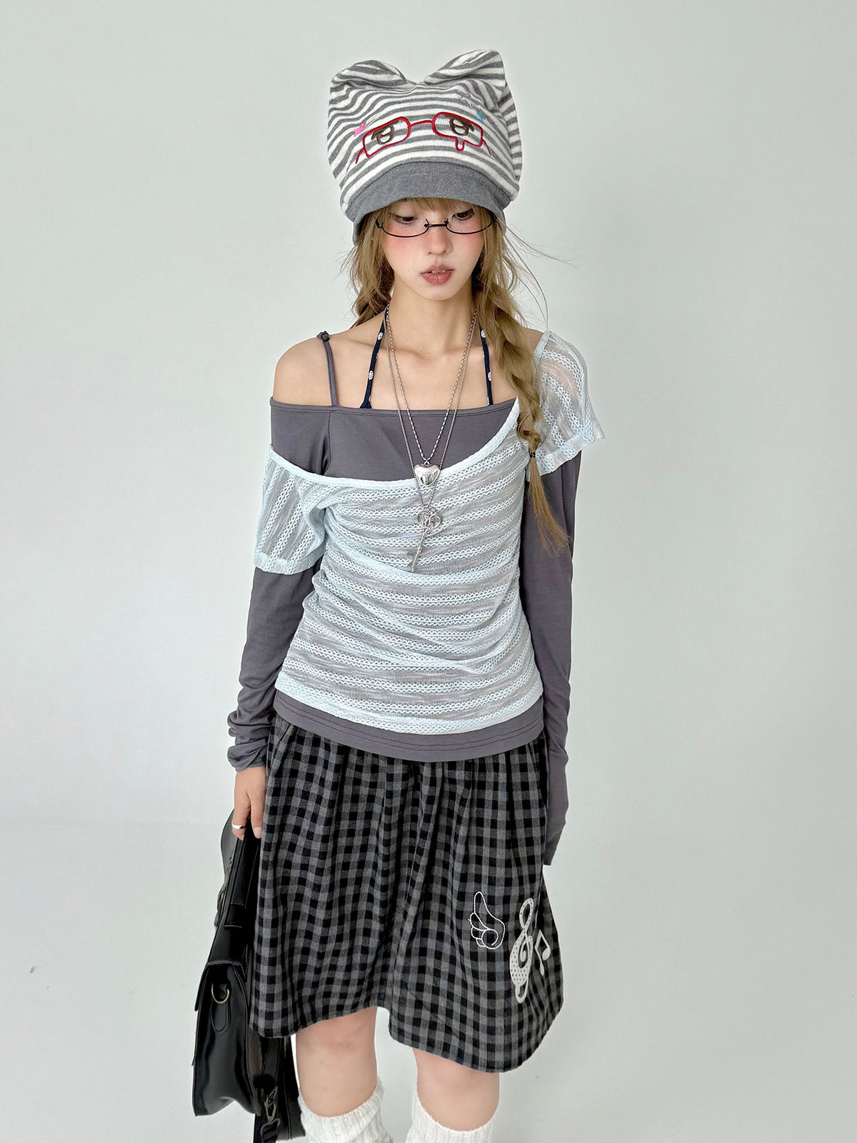 Asymmetric Mesh Faux-Layered Long Sleeve Top