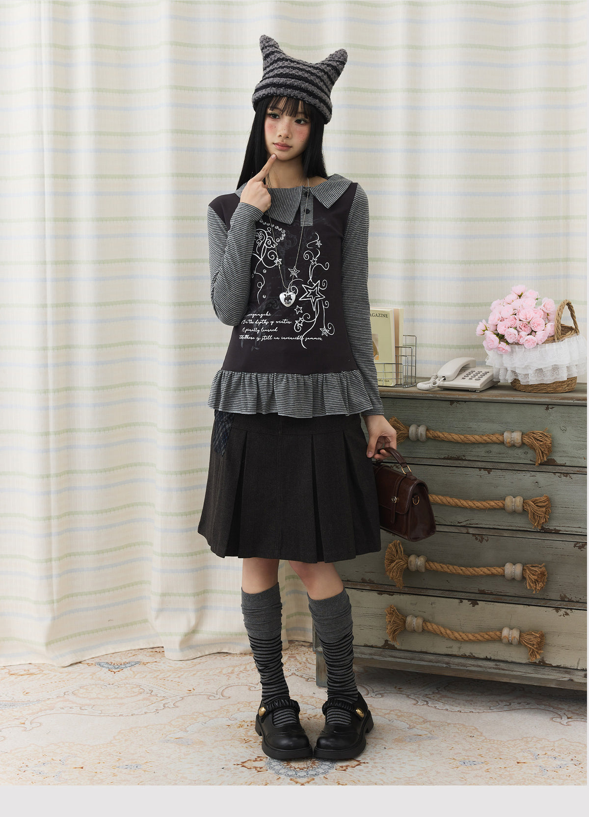 Graphic Stripe Faux-Layer Ruffle-Hem Long Sleeve Top