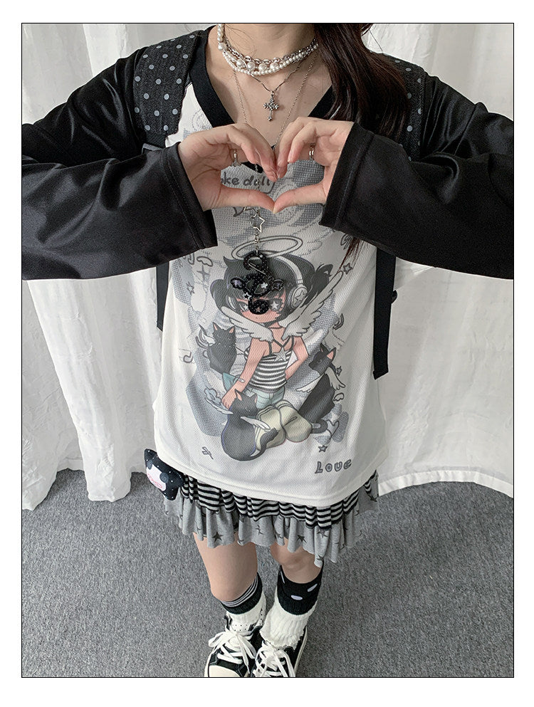 Angel Girl Graphic V-Neck Long Sleeve Top