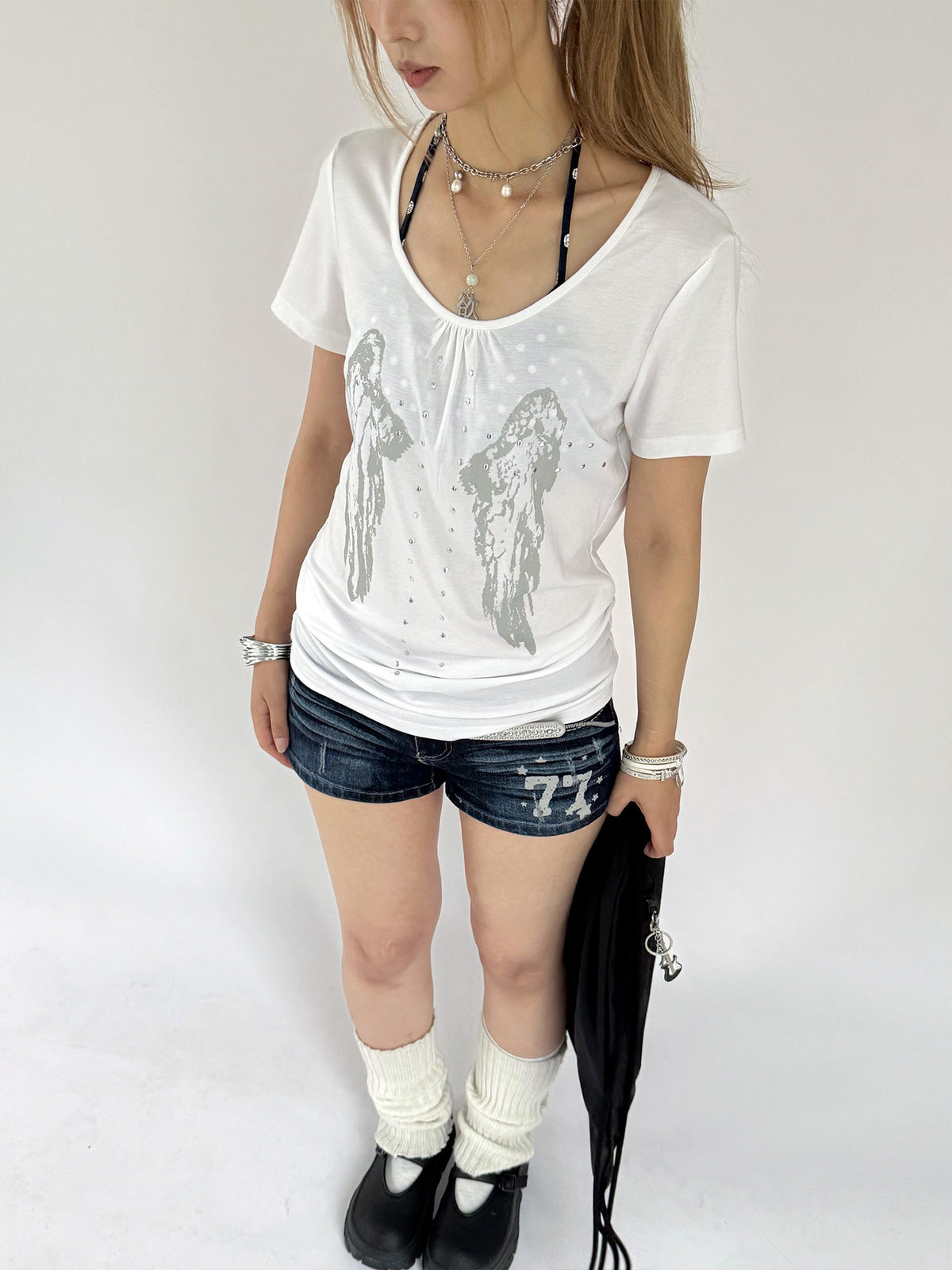 Angel Wing Rhinestone Ruched Tee