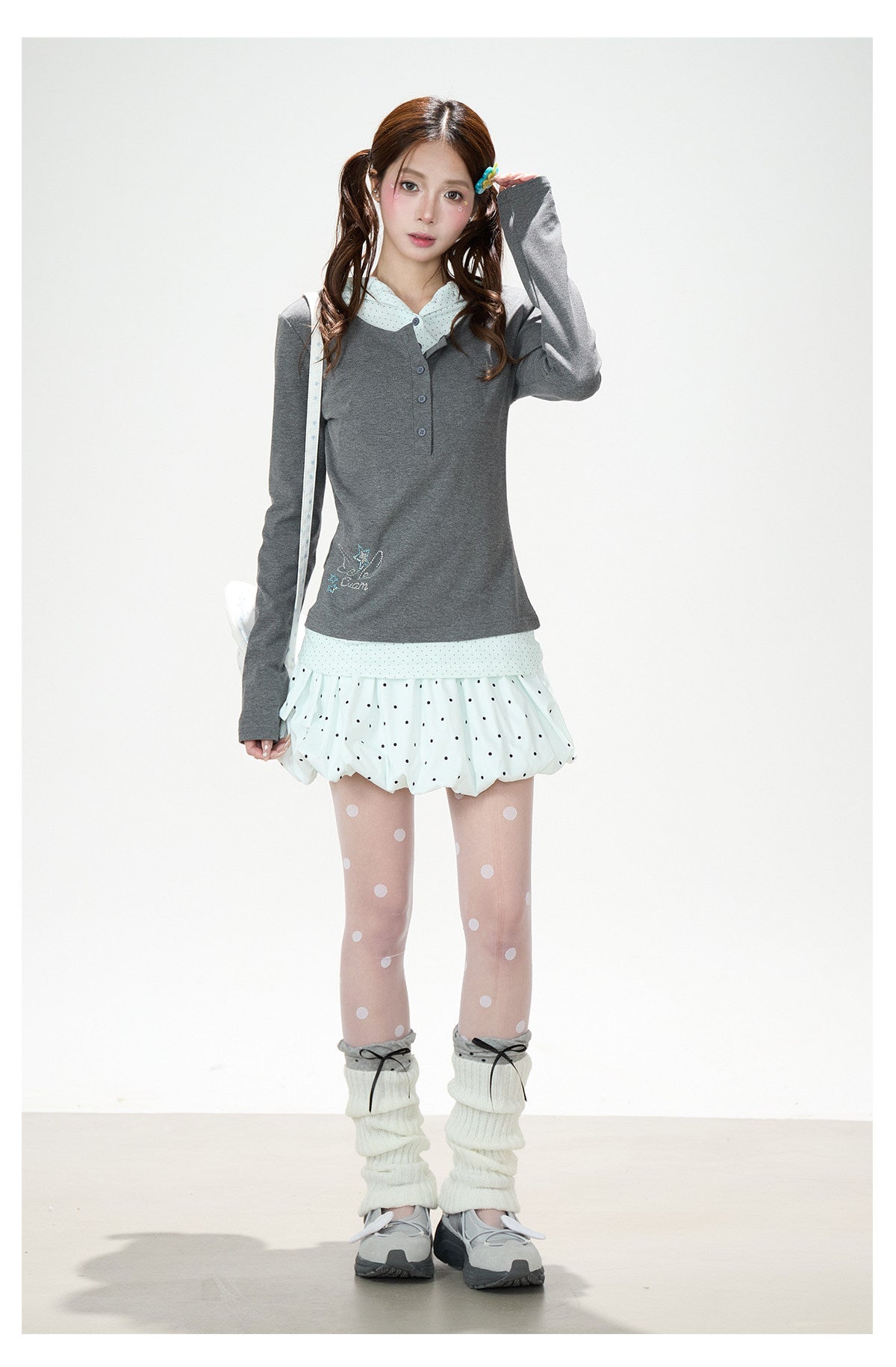 Polka Dot Layered Hooded Long Sleeve Top & Lace-Trim Bubble Mini Skirt