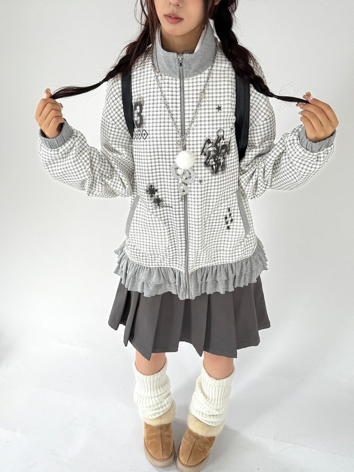 Sugar Check Graphic Ruffle-Hem Zip-Up Jacket