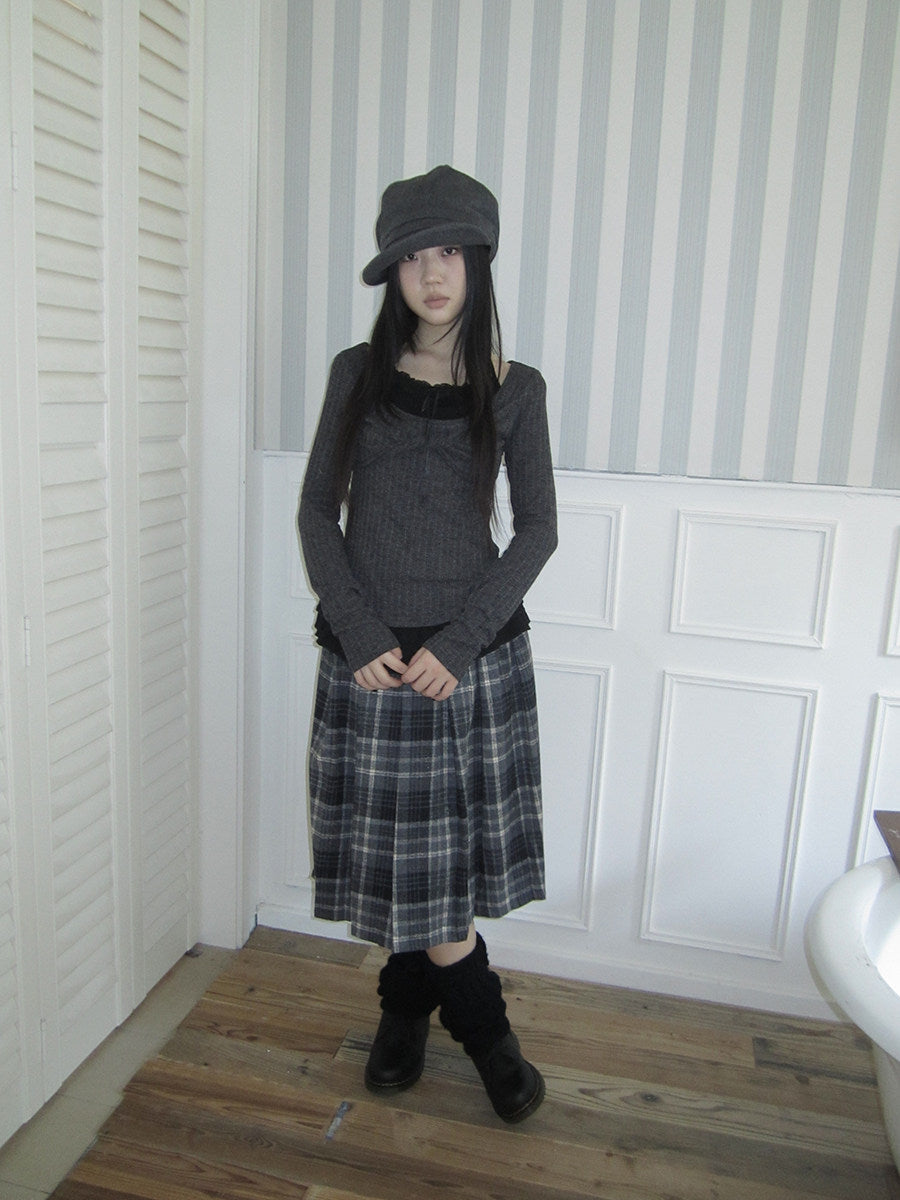 Halter-Layered Ribbed Long Sleeve Top