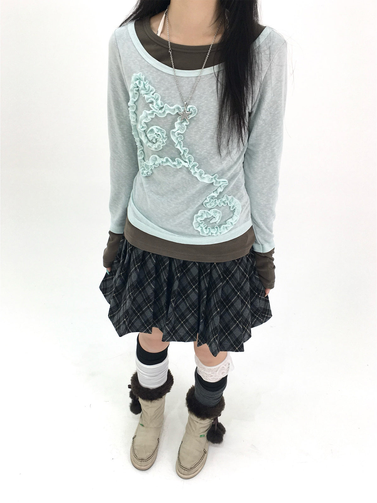 Mist Aqua Ruffle Star Faux-Layer Long Sleeve Top
