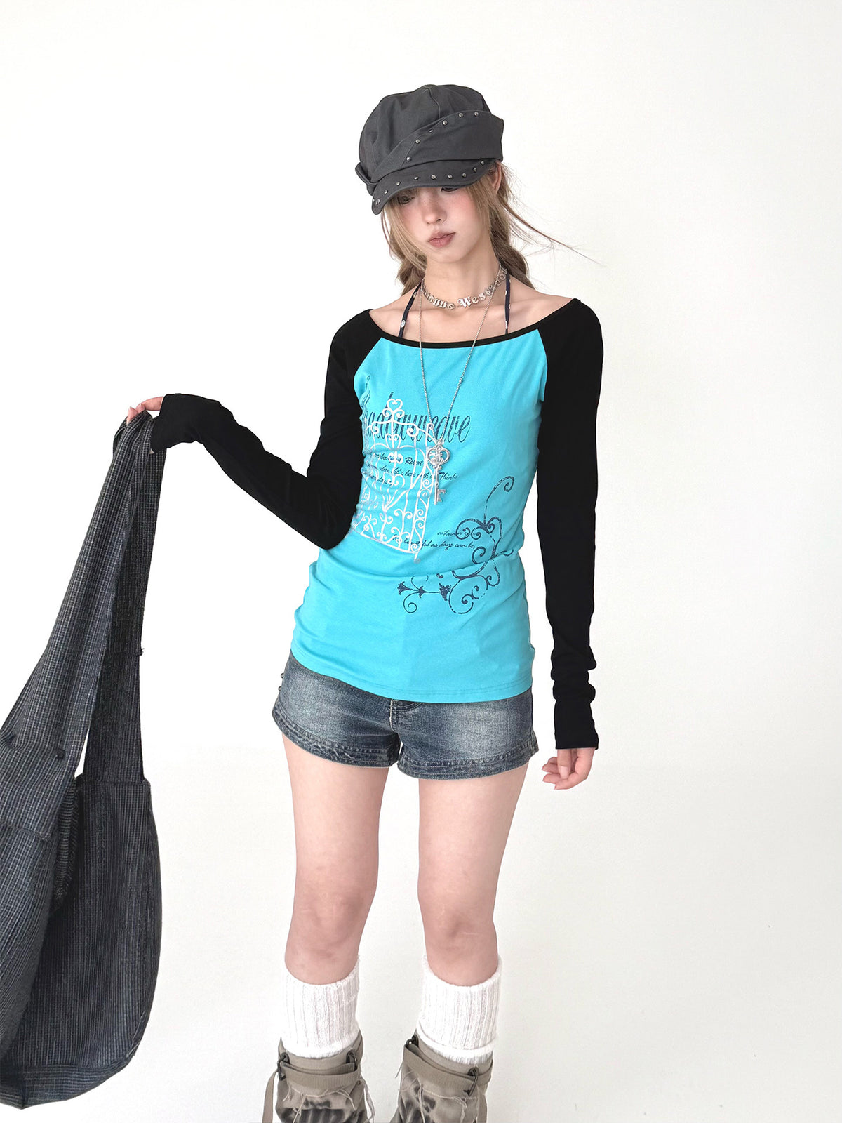 Aqua Contrast Graphic Raglan Long Sleeve Top
